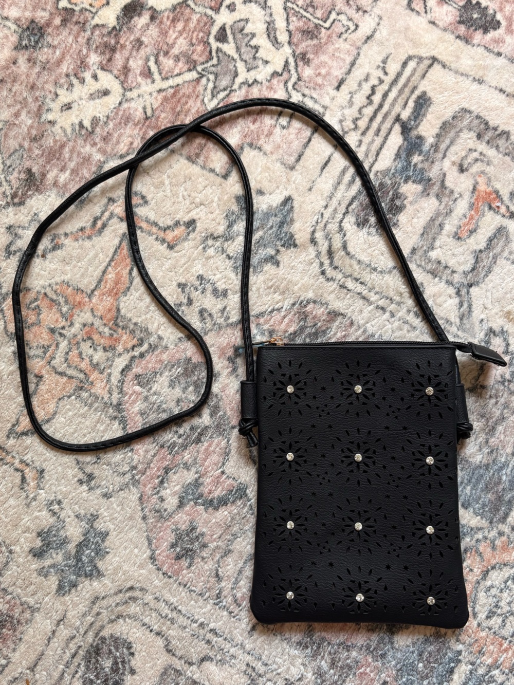 Black Laser-Cut Crossbody Phone Bag with Stud Detail